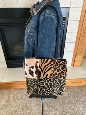 Multi Faux Fur Animal Patchwork, Double Handles, Tote Bag, Boho